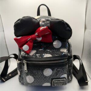 Disney Parks Loungefly Minnie Mouse Black & White Polka Dot Sequin Mini Backpack